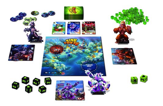 The boardgame King of Tokyo fully set up for three people to play.