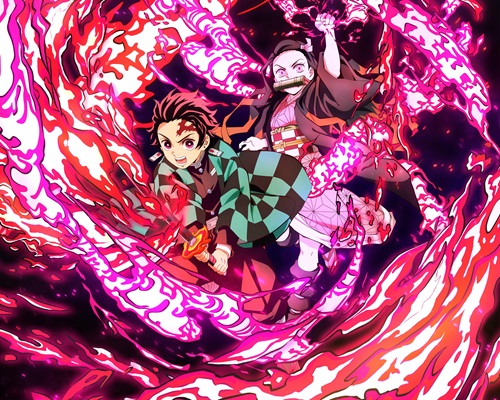 Anime characters Tanjiro Kamado and Nezuko Kamado from Demon Slayer.