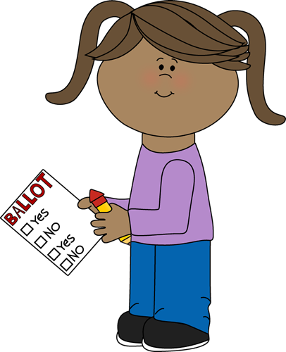 A girl holding a ballot slip and a red crayon about to vote.