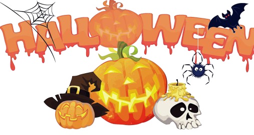 Halloween-themed clipart featuring various spooky elements like pumpkins, ghosts, and bats.
