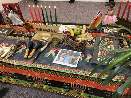 A table displaying African crafts and cultural items.